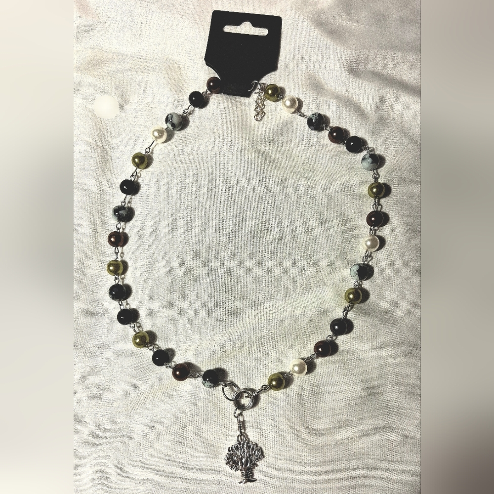 Multi-Color Beaded Necklace with Silver Tree Of Life Pendant
